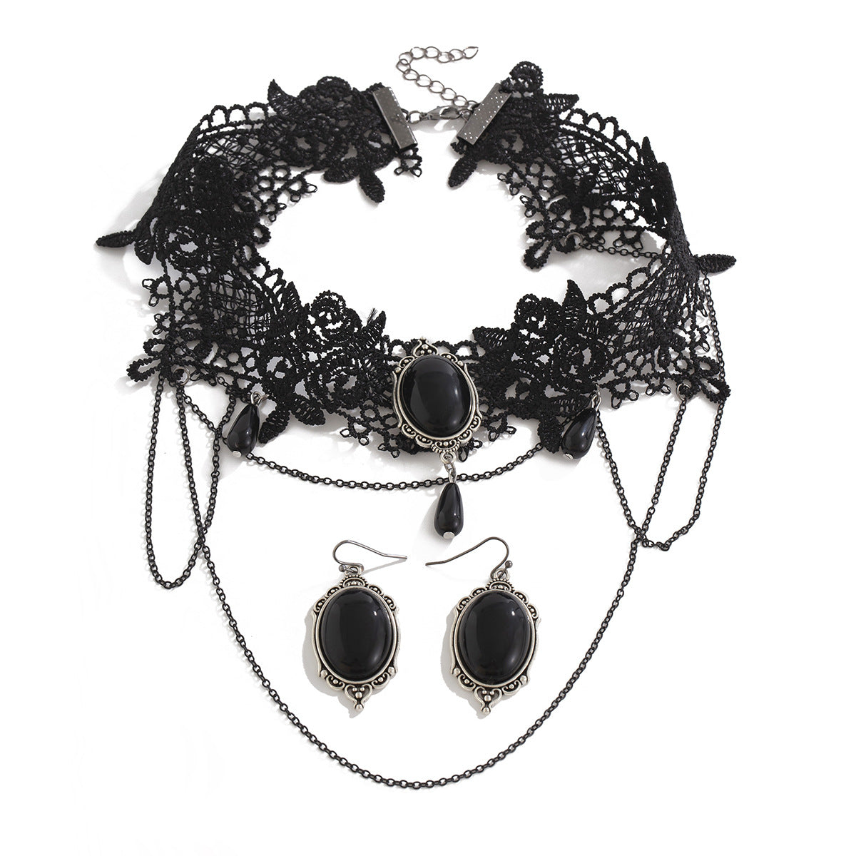 Gothic Moon Alloy Necklace & Lace Tassel Collar Set