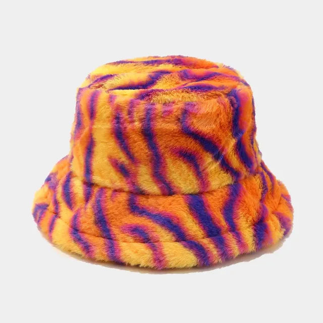 Harajuku Style Zebra Print Faux Fur Panama Bucket Hat