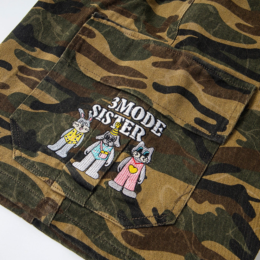 Retro Camo Denim Shorts with Cartoon Embroidery