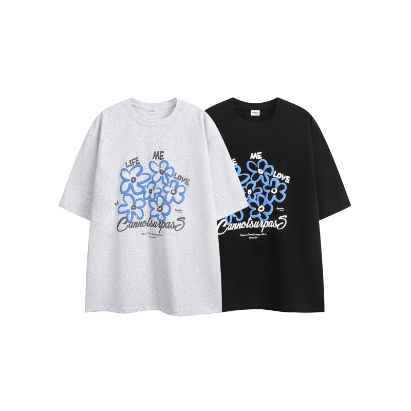 Harajuku Style Flower Print Loose T-Shirt for Men and Women