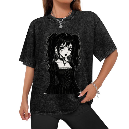 Goth Emo Harajuku Girl Vintage Wash Off Shoulder Tee
