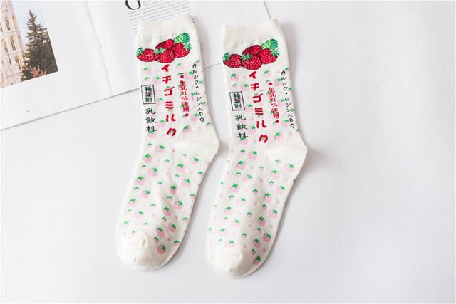 Kawaii Strawberry Milk Socks - Harajuku Pink & White Women’s Socks