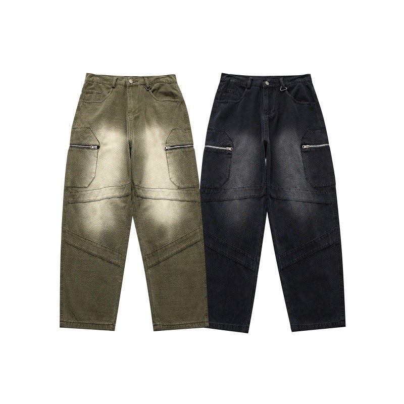 Deconstructing Zipper Large Pocket Denim Wide Leg Pants