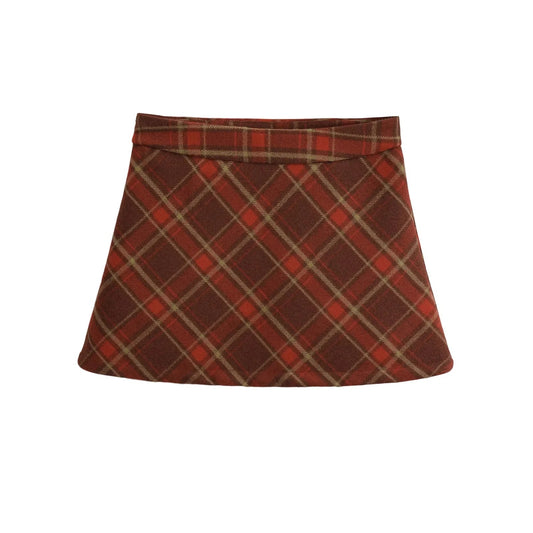 Color Blocked Plaid Wool Skirt