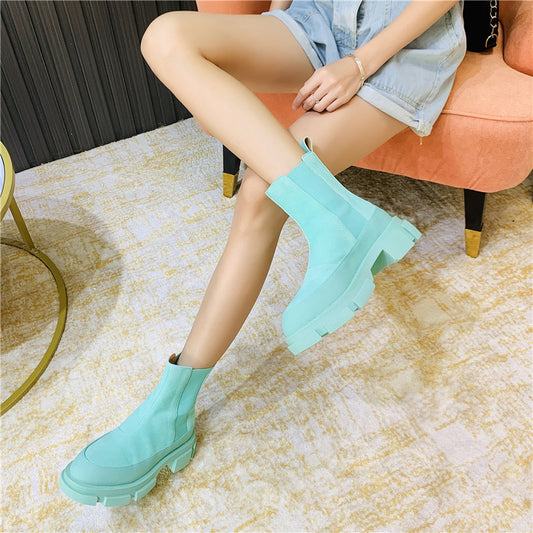 Muffin Thick-Soled Chelsea Boots - Green Suede