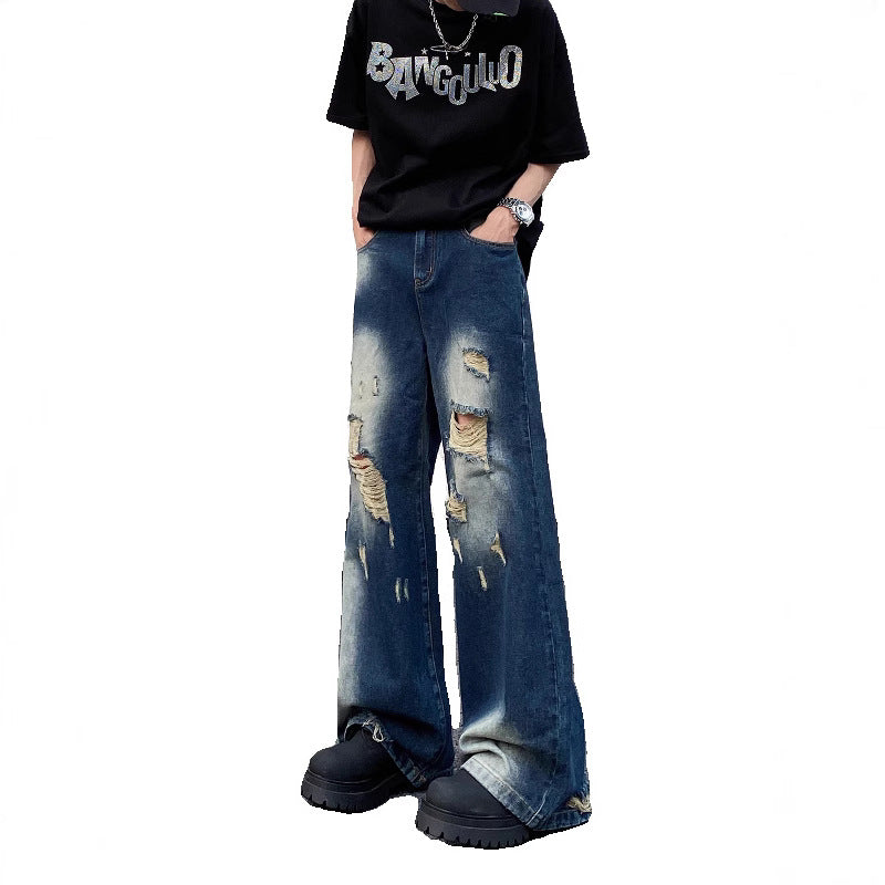 Ripped Blue Denim Loose Straight Pants - Harajuku Style