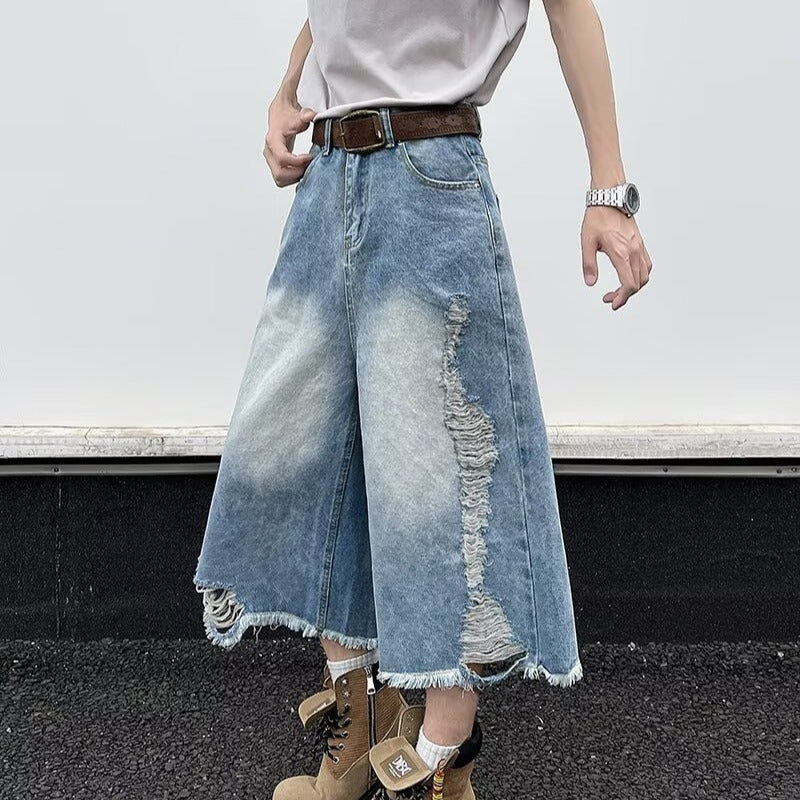 Ripped Denim Cropped Wide Leg Pants
