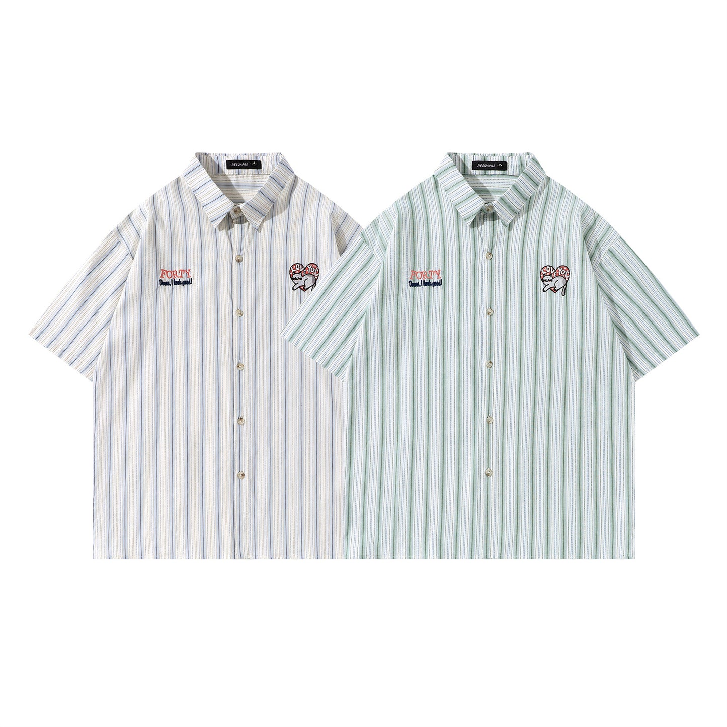 Retro Heart Cat Embroidery Casual Shirt