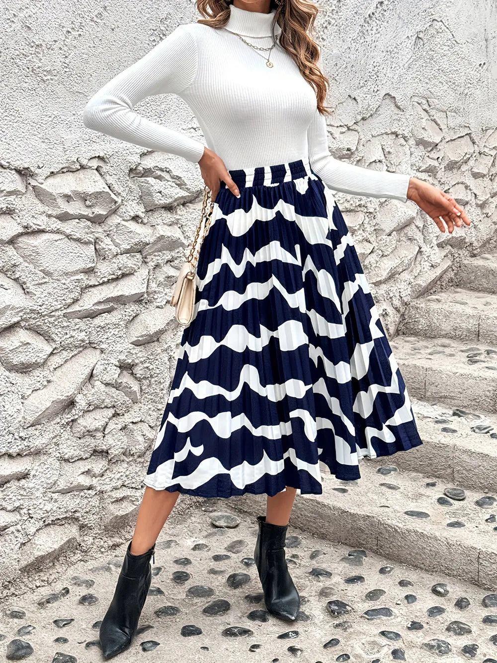 Playful Pleated Printed Elastic Waist Skirt