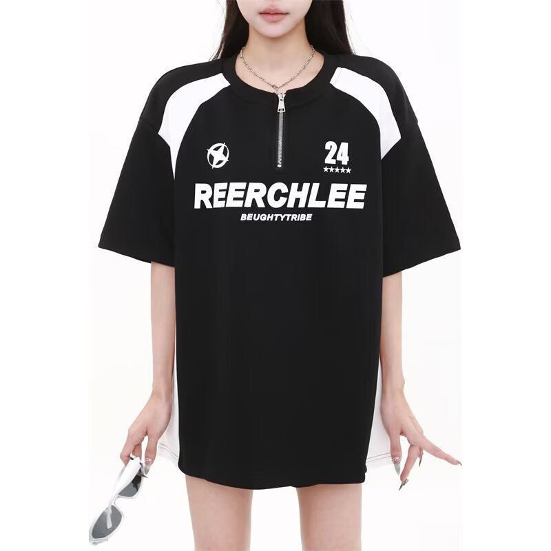 Black and White Spliced Letter Half-Zipper Motorcycle Shirt