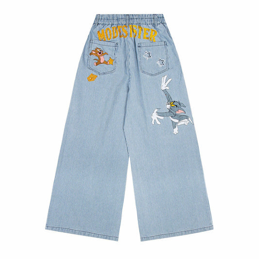 Playful Striped Embroidered Straight Leg Jeans