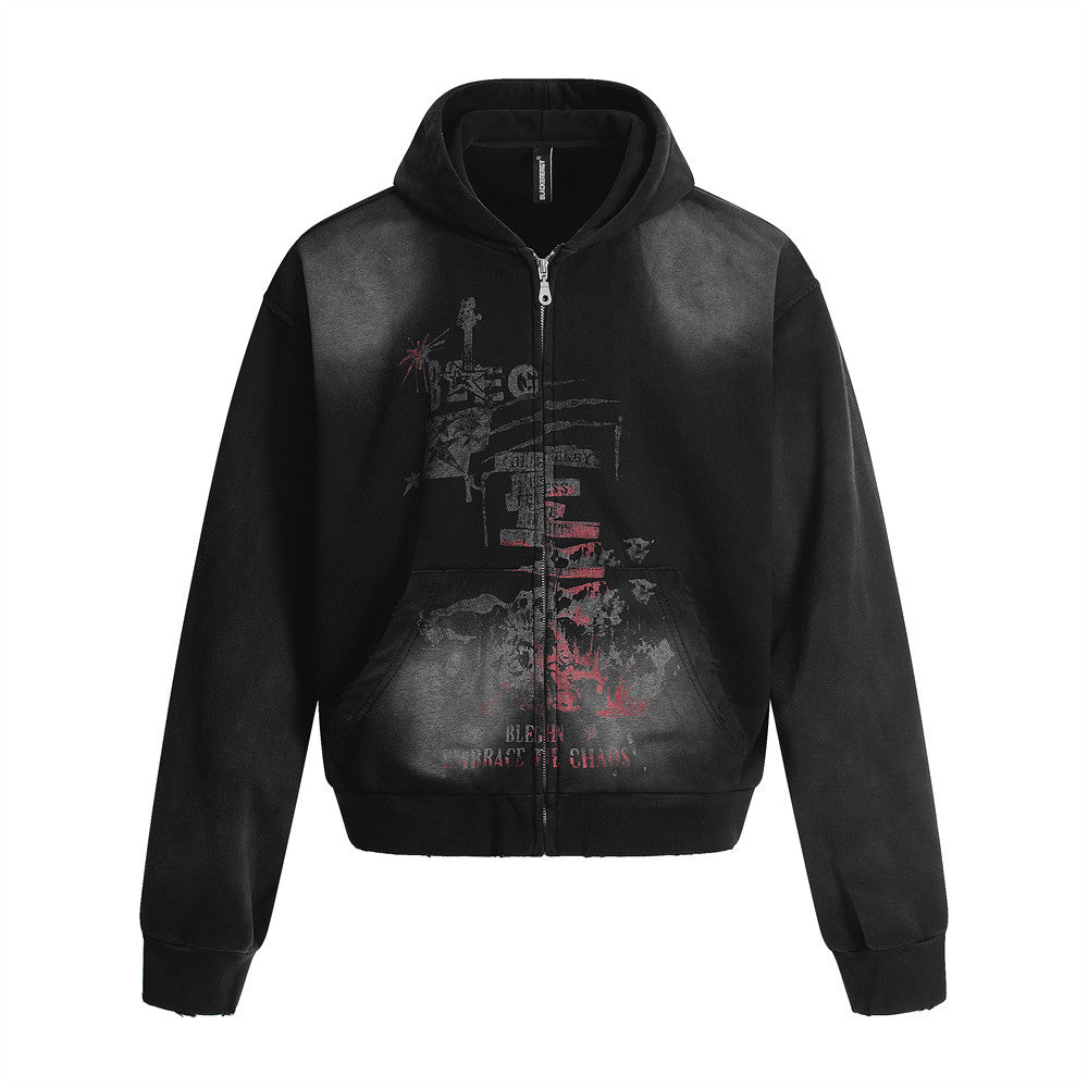 Dark Fuzzy Print Hoodie - Retro Punk Street Style