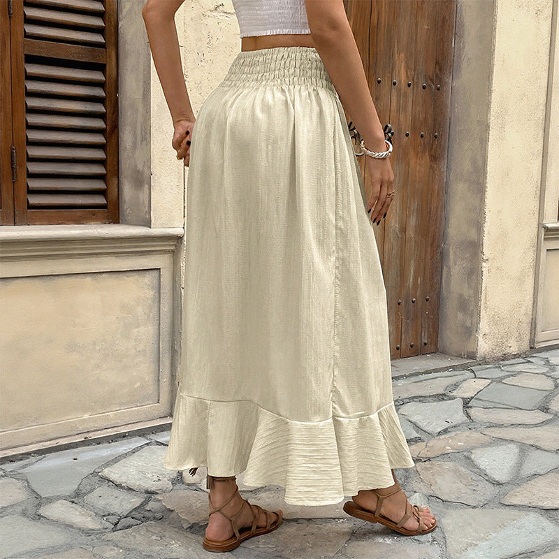 Retro Elastic Waist Button Half Skirt with Split