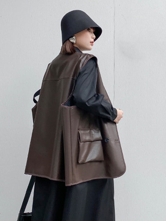 Coffee Color PU Leather Vest - Women Loose Fit V-Collar