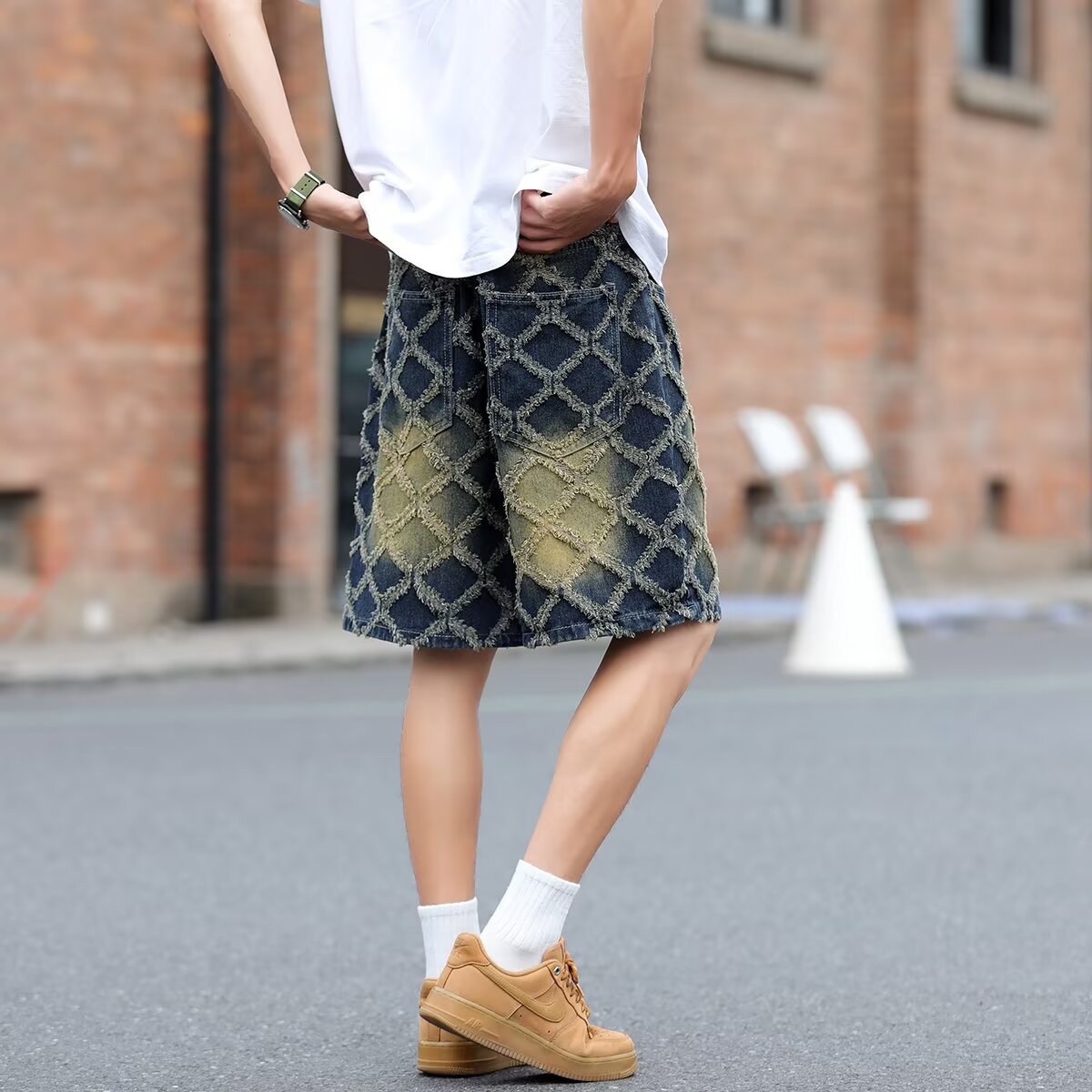 Wide Leg Washed Jacquard Loose Denim Shorts for Men