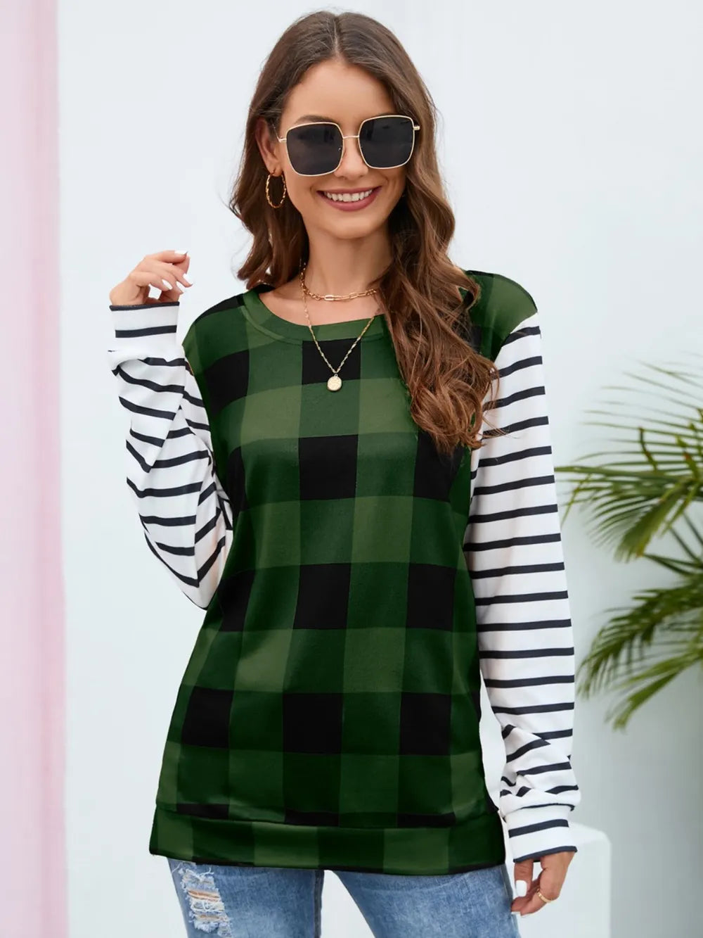 Harajuku Style Plaid Striped Round Neck Long Sleeve T-Shirt