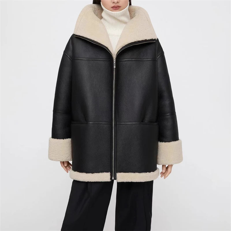 Playful Cashmere Collar Leather Jacket for Women