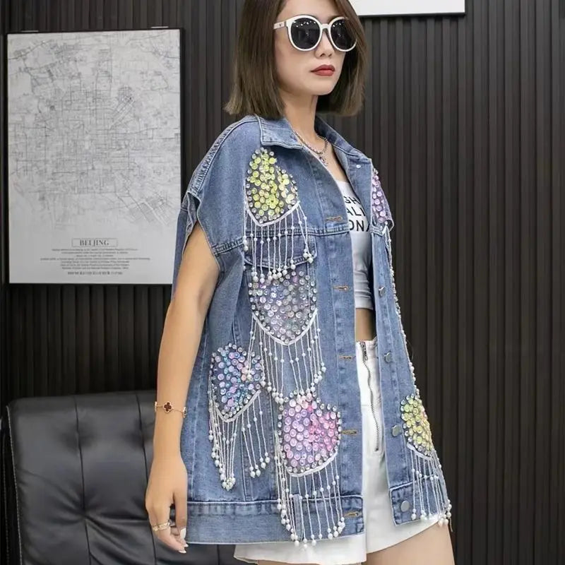 Harajuku Style Beaded Denim Jacket with Tassels