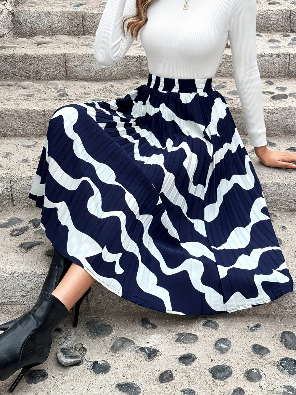 Playful Pleated Printed Elastic Waist Skirt