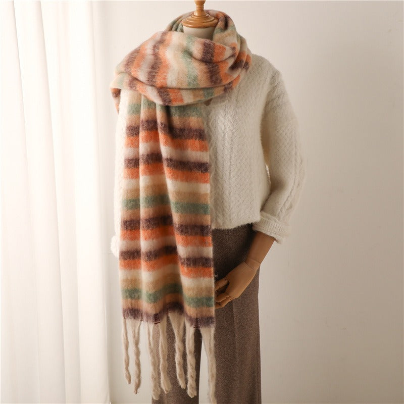 Thick Striped Imitation Cashmere Scarf with Tassels