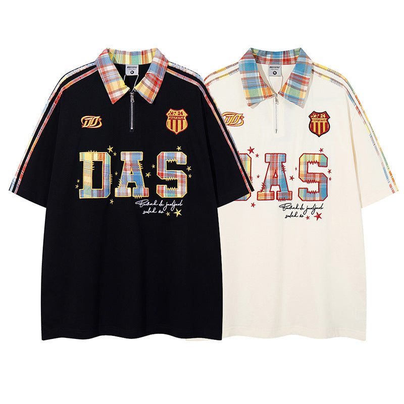 Retro Letter Embroidery Design Collar T-Shirt