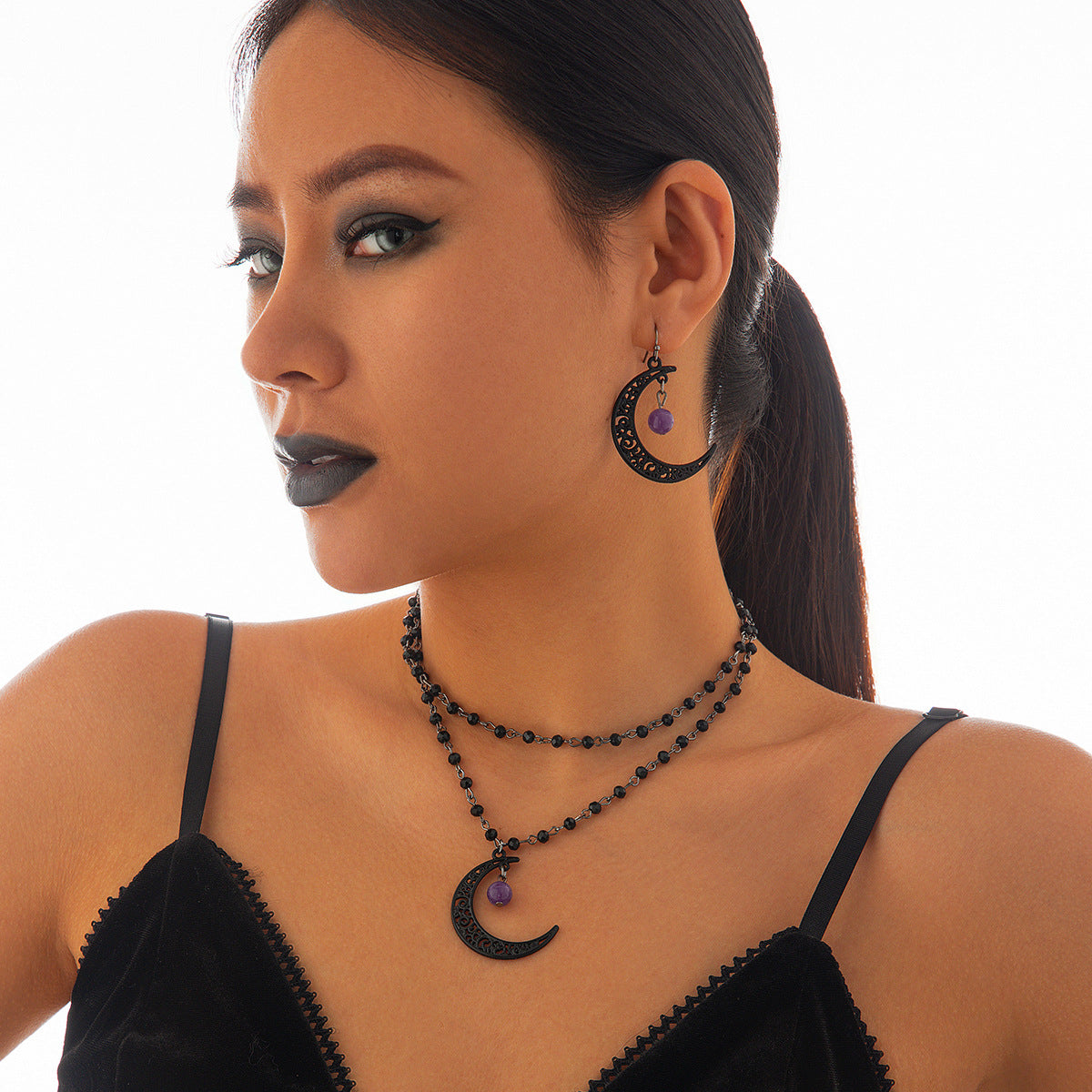 Gothic Moon Alloy Necklace & Lace Tassel Collar Set
