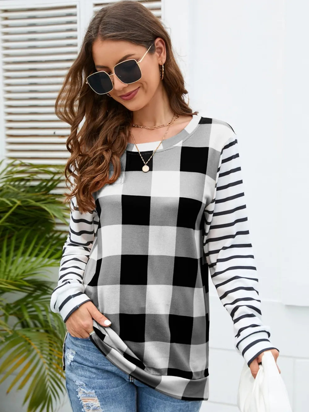 Harajuku Style Plaid Striped Round Neck Long Sleeve T-Shirt