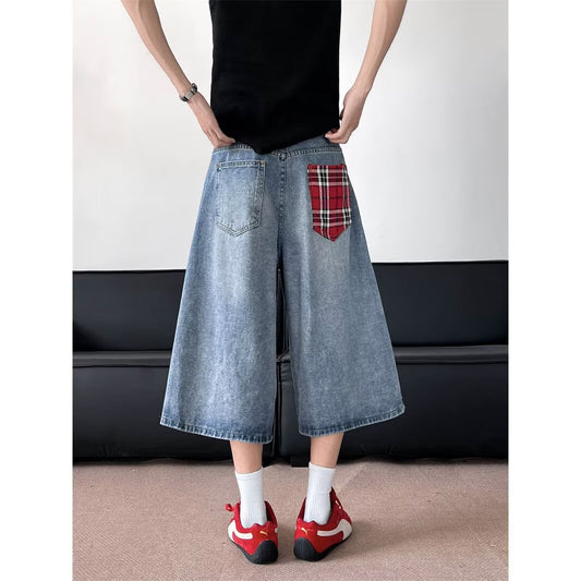 Grid Splicing Denim Wide Leg Shorts