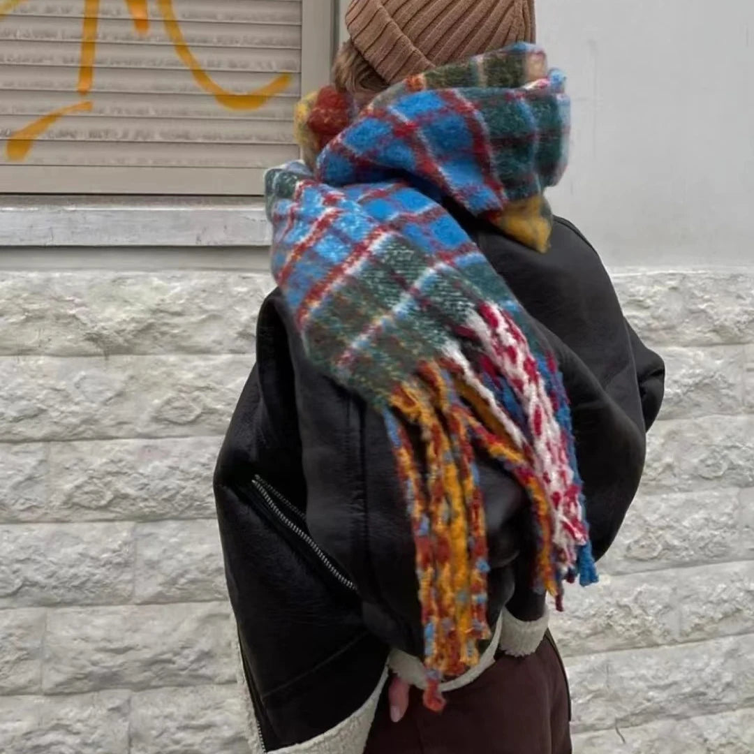 Harajuku Style Rainbow Plaid Wool Scarf with Tassels