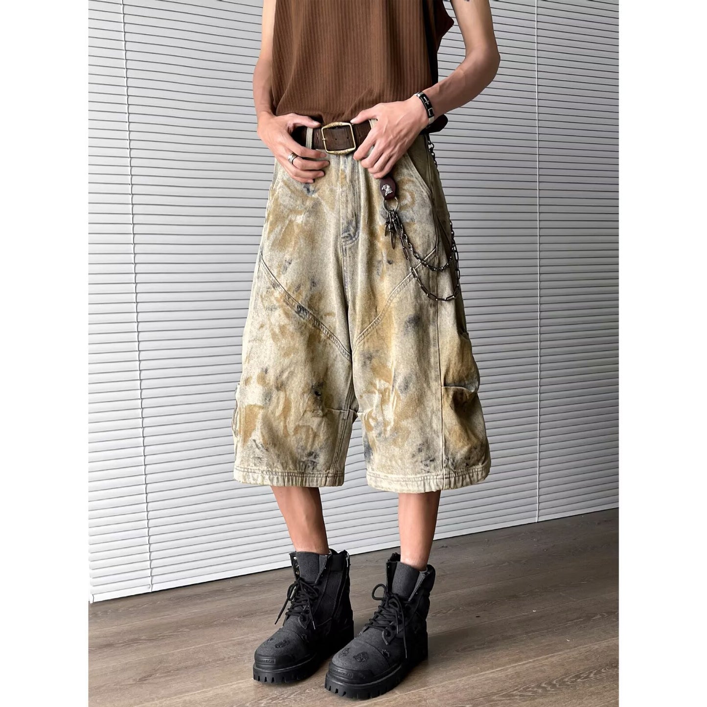 Wash Dirty Dyed Denim Wide Leg Cropped Pants