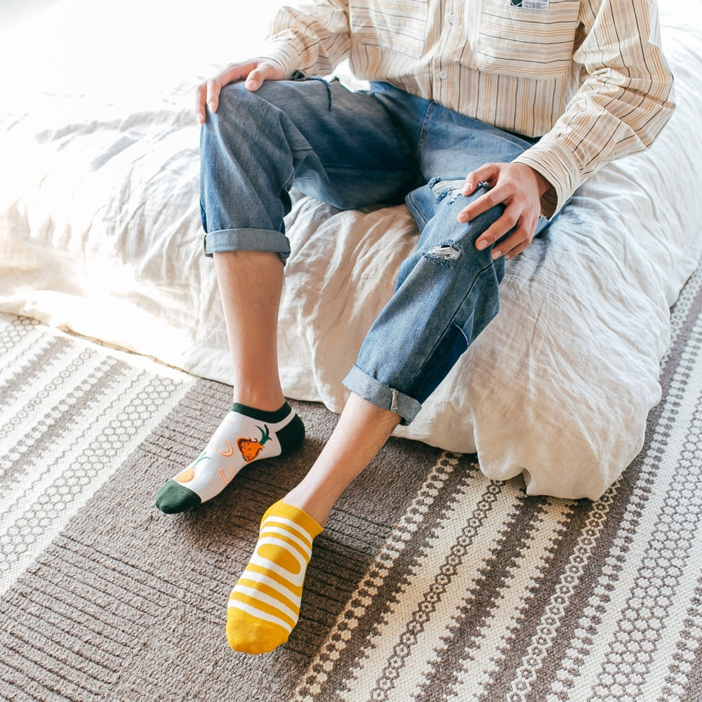 Playful Harajuku Men's Cotton Ankle Socks - Funny Animal & Fruit Designs