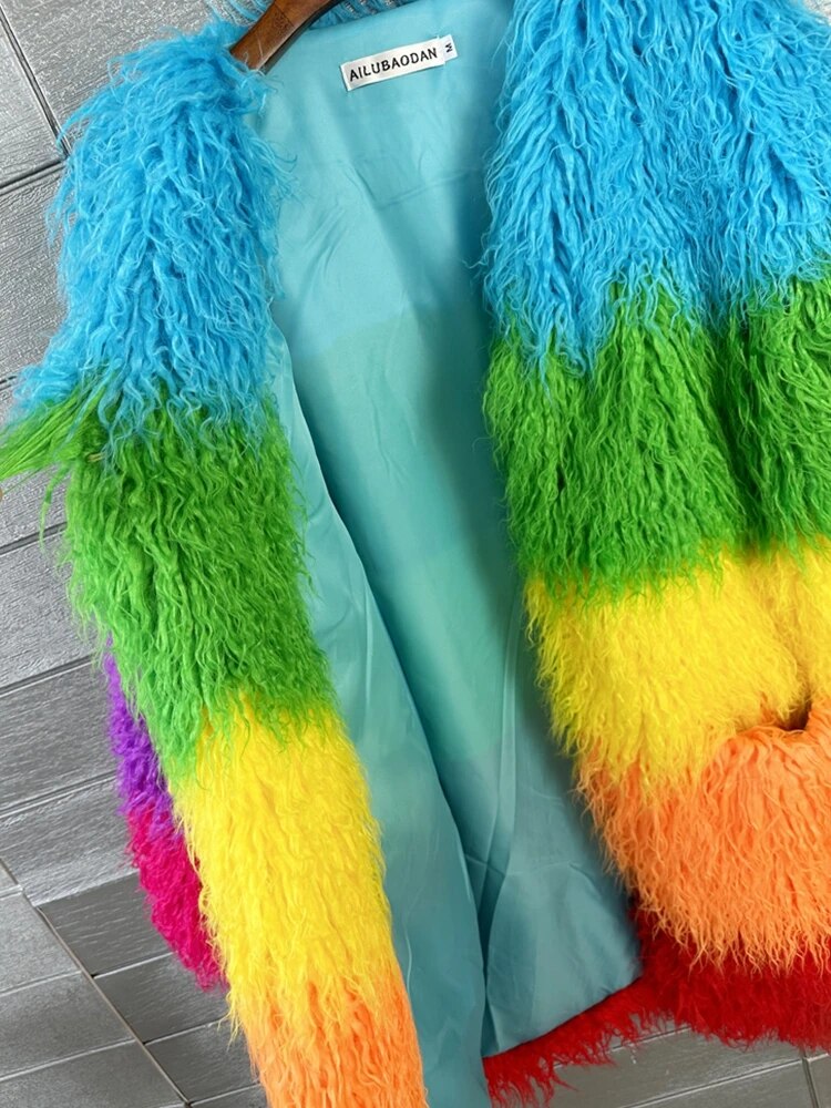 Niche Rainbow Faux Fur Coat - Harajuku Style Outerwear