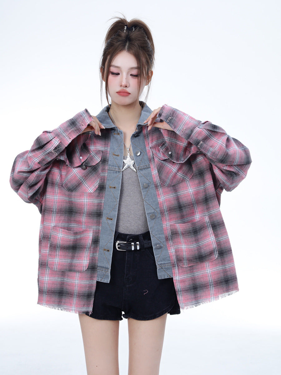 Women's Pink Plaid Harajuku Long Sleeve Shirt