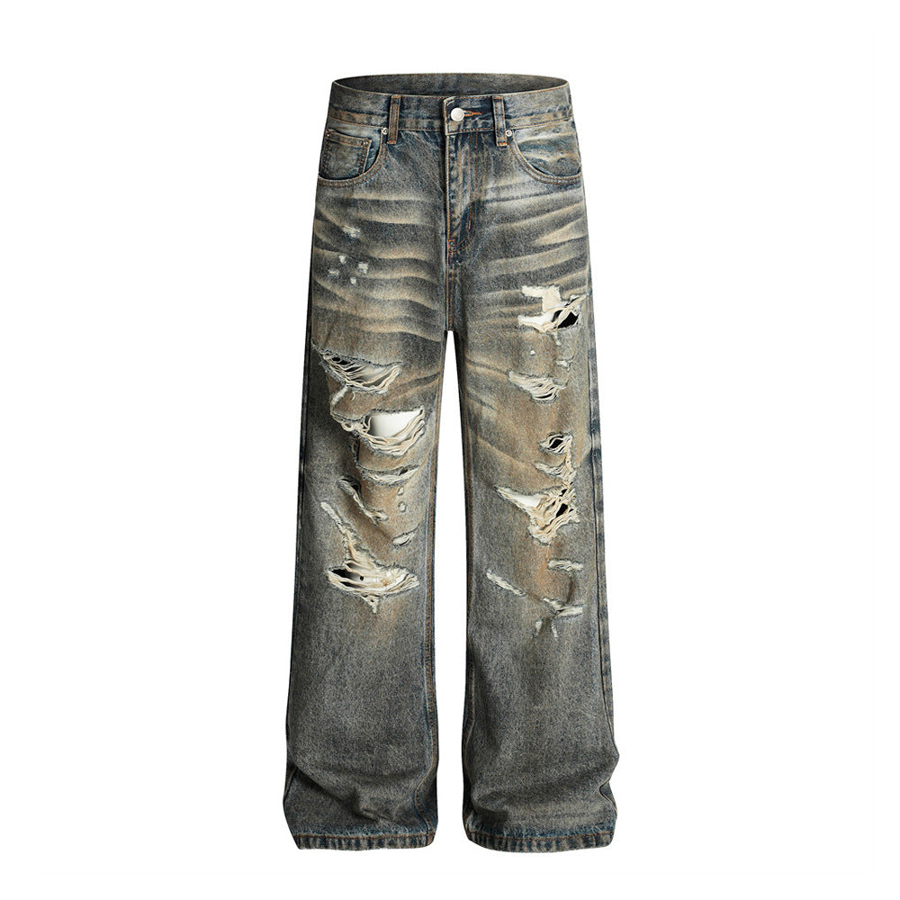 Post-Apocalyptic Heavy-Duty Distressed Denim Pants for Men