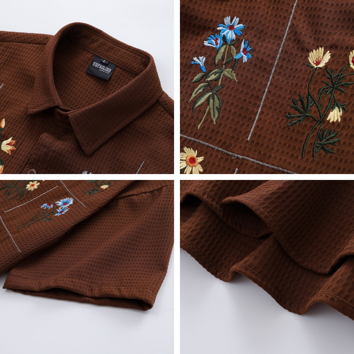 Floral Embroidery Waffle Short Sleeve Shirt
