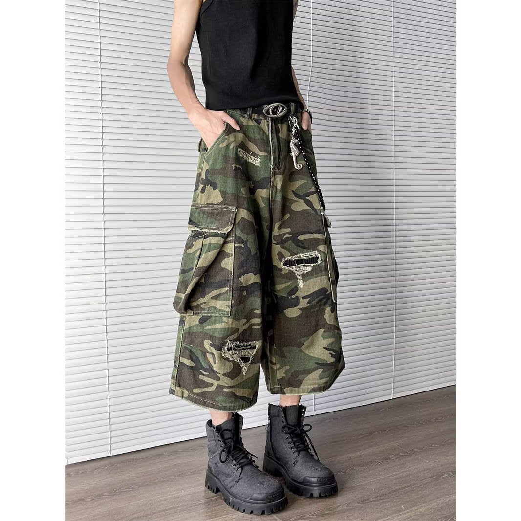 Destruction Camouflage Denim Wide Leg Cropped Pants
