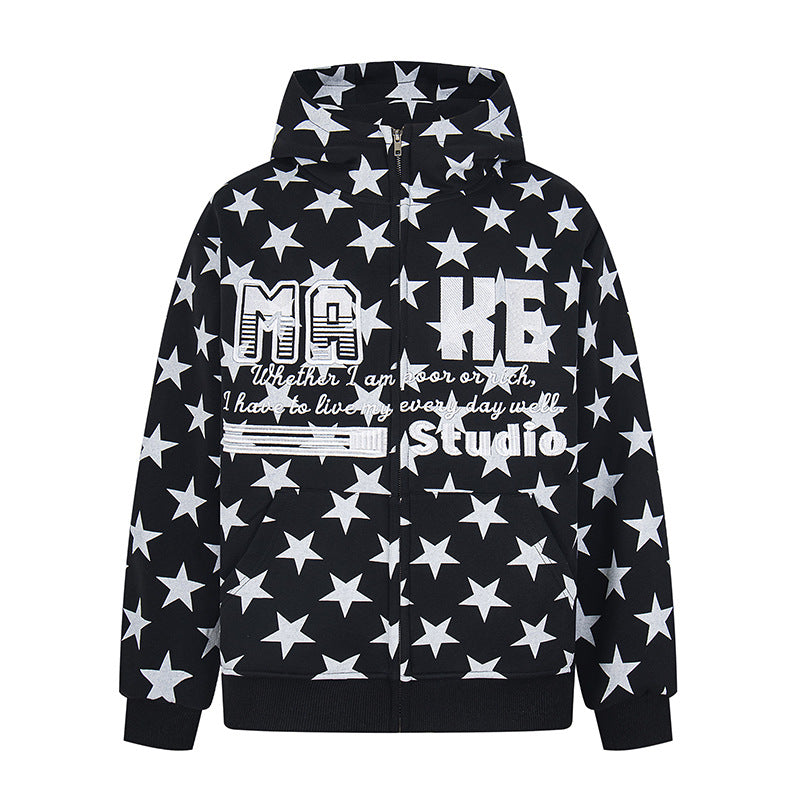 Star All-Over Print Hooded Sweatshirt Women Front Cardigan Jacket