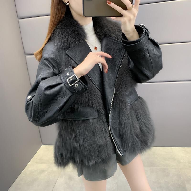 Faux Fox Fur Leather Jacket - Harajuku Style