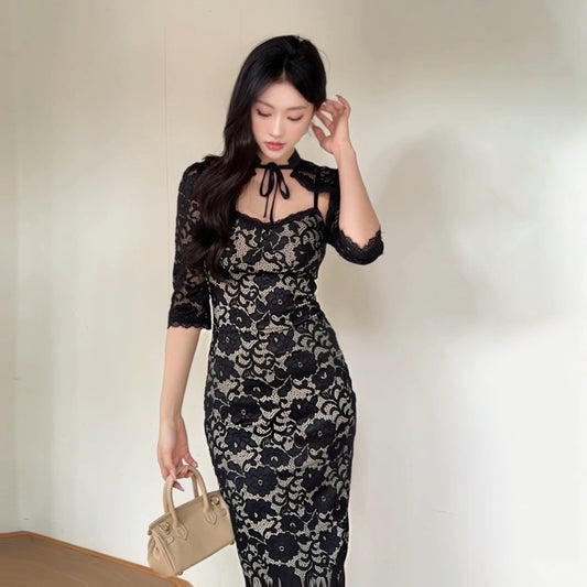 Lace Camisole Long Sleeved Suit Women's Waist Cinched Dress