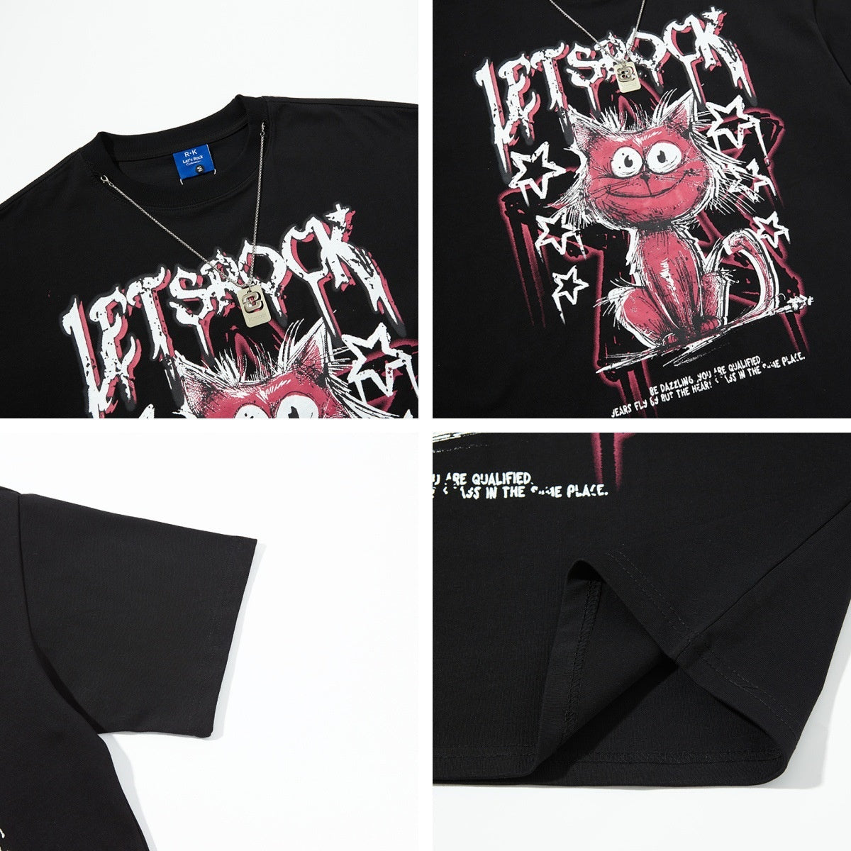 Playful Cartoon Cat Graffiti T-Shirt with Necklace