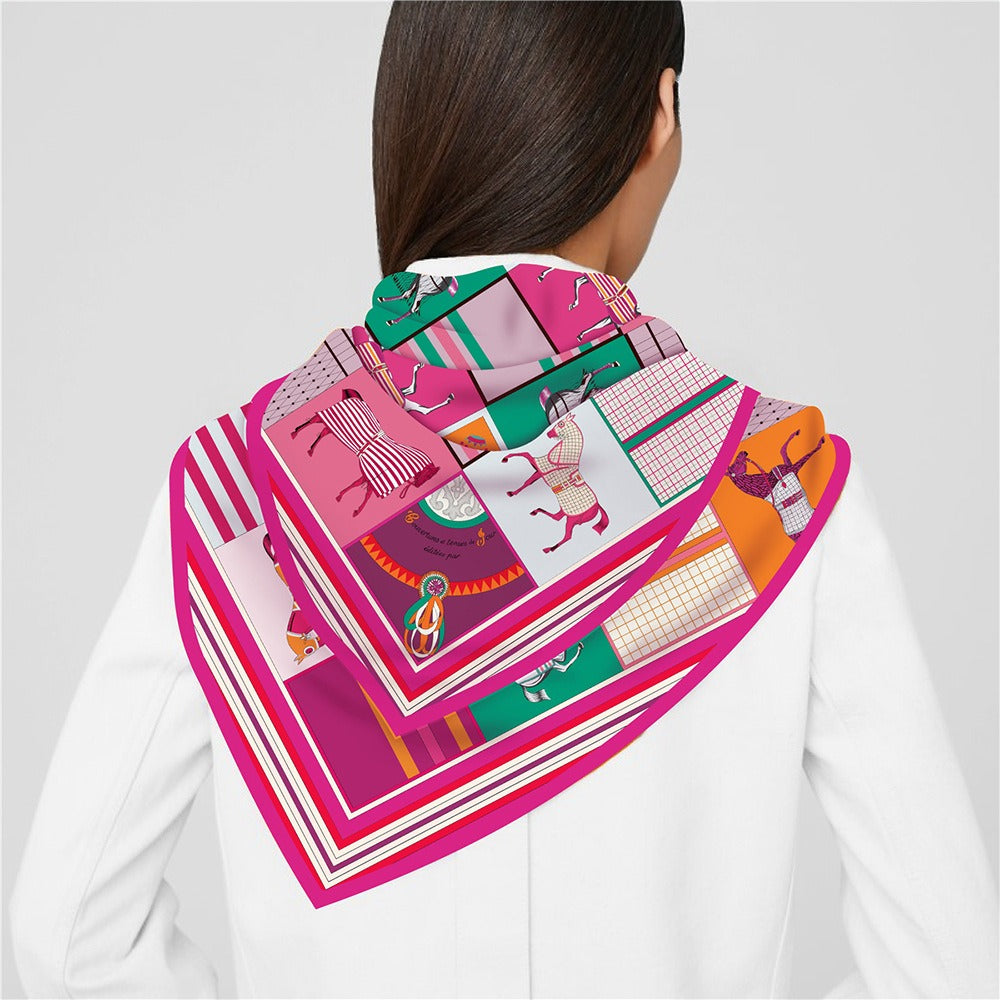 Colored Checkered Horse Silk Square Scarf - Versatile Shawl