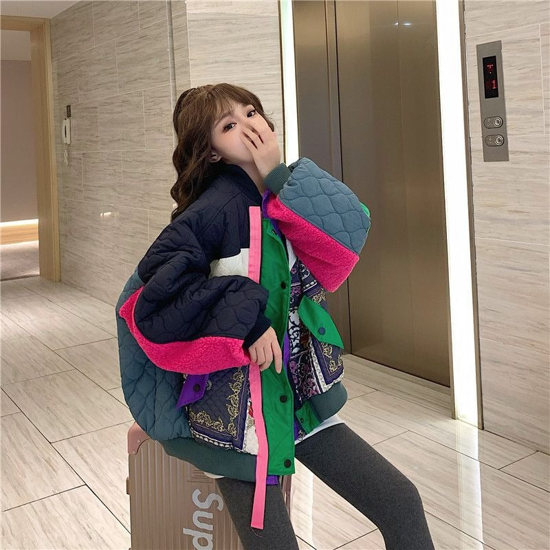 Harajuku Color Block Patchwork Baseball Jacket for Women