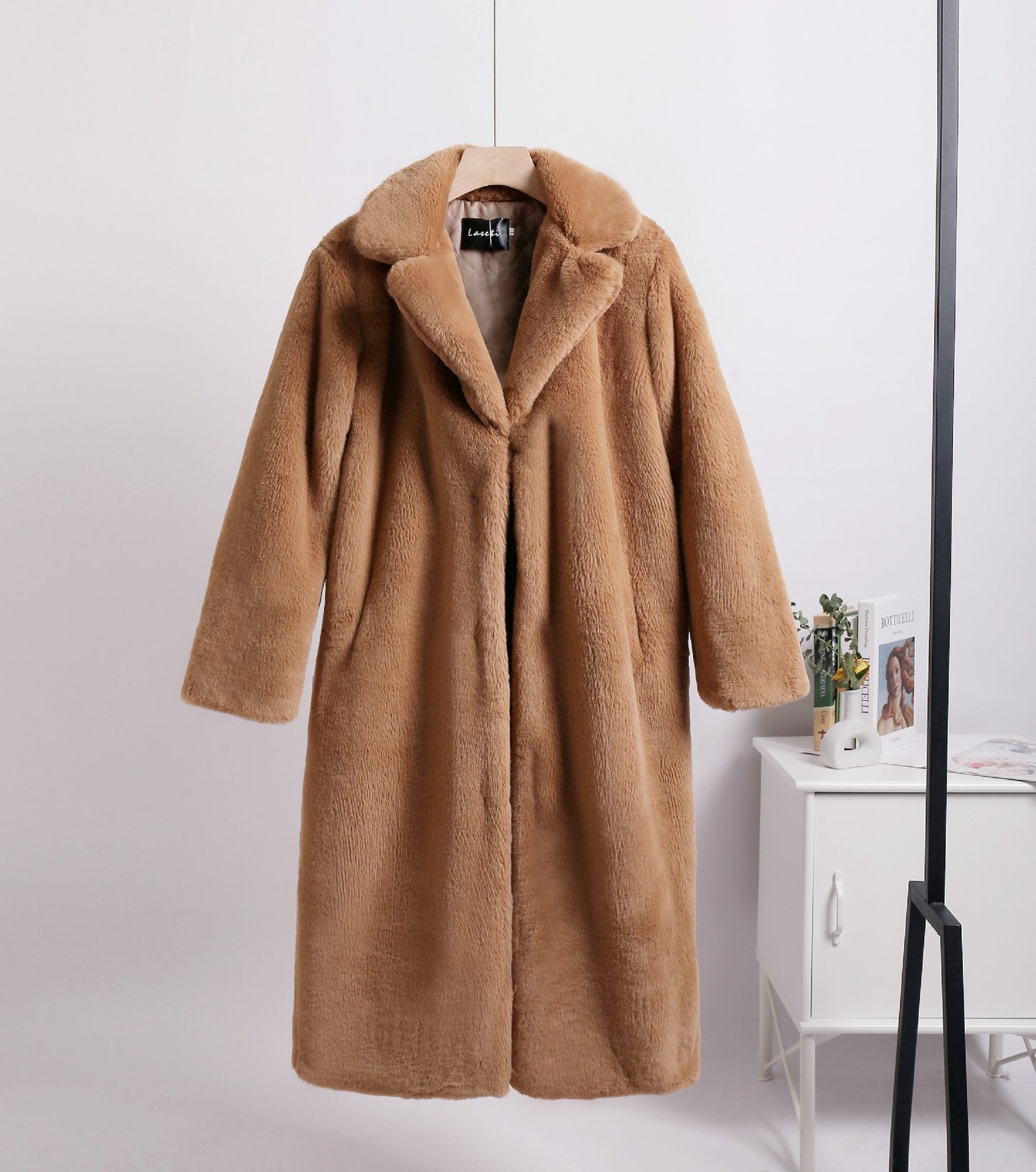 Mid-Length Mink Velvet Faux Fur Coat with Furry Collar