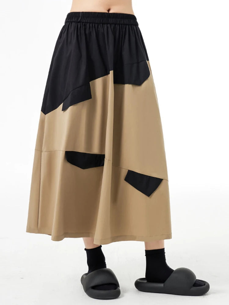 High Elastic Waist Khaki Color-block A-line Skirt for Women