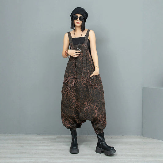 Personalized Stylish Leopard Print Denim Overalls for Women