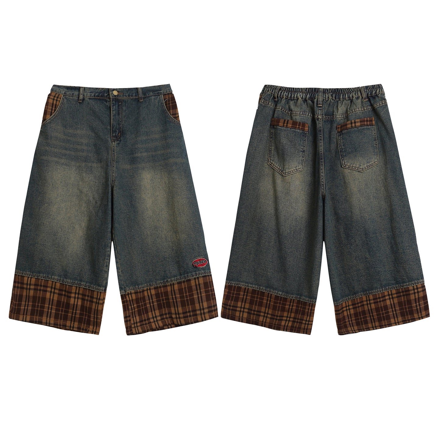 Retro Washed Patchwork Three-Quarter Pants