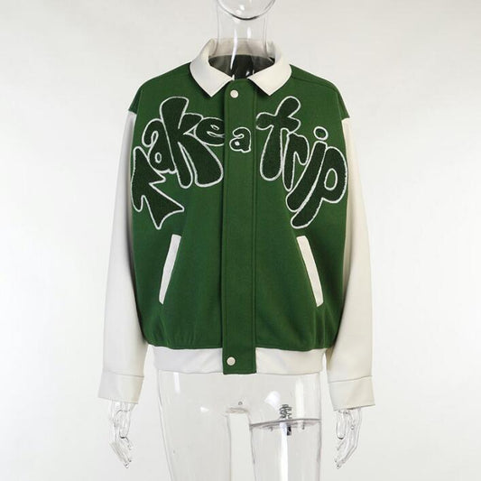 Harajuku Style Green Bomber Jacket with Contrast Sleeves