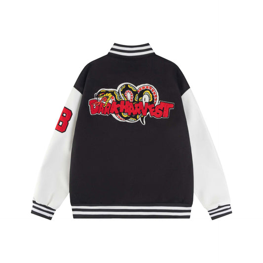 Unisex Collage Color Leather Snake Letter Bomber Jacket