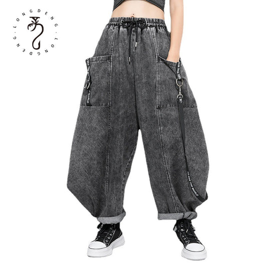 Harajuku Style Wide-Leg Tide Jeans with Webbing