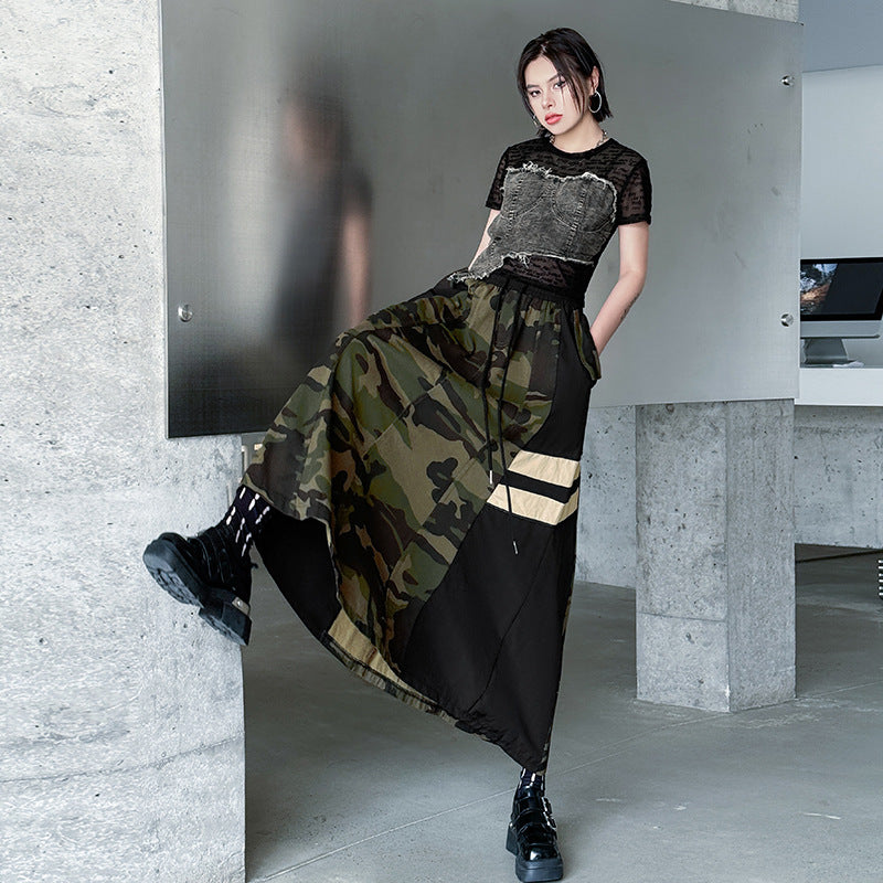 Retro Camo Leopard Print High Waisted Denim Skirt